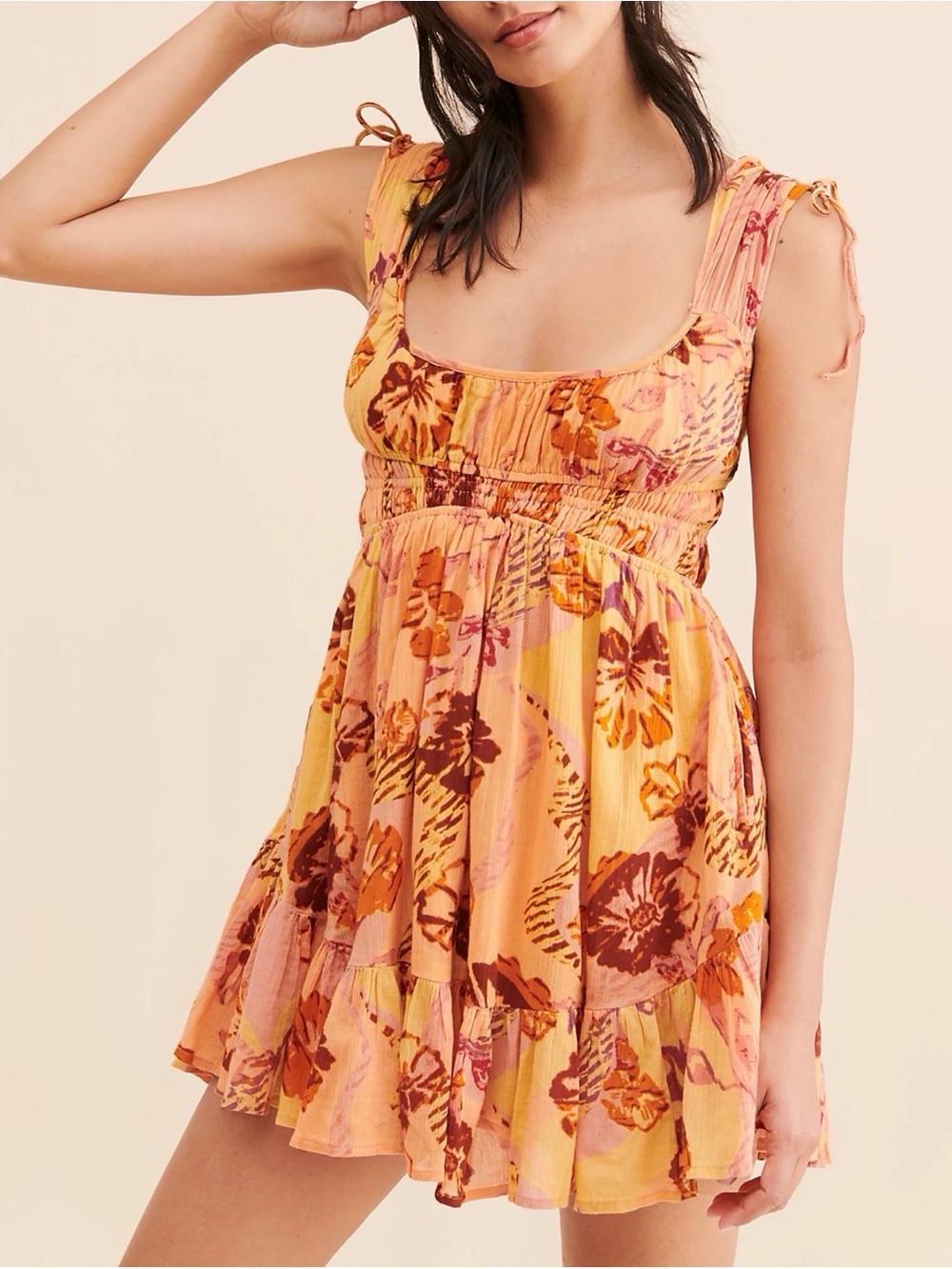 BNWOT Free People Floral Print Smocked Bodice Mini Dress in Orange - L